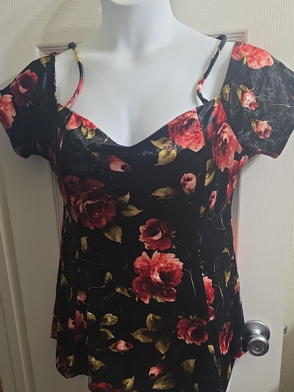 Fashion Magazine Black Velvet Camisole with Red Rose and Gold Leaf Print